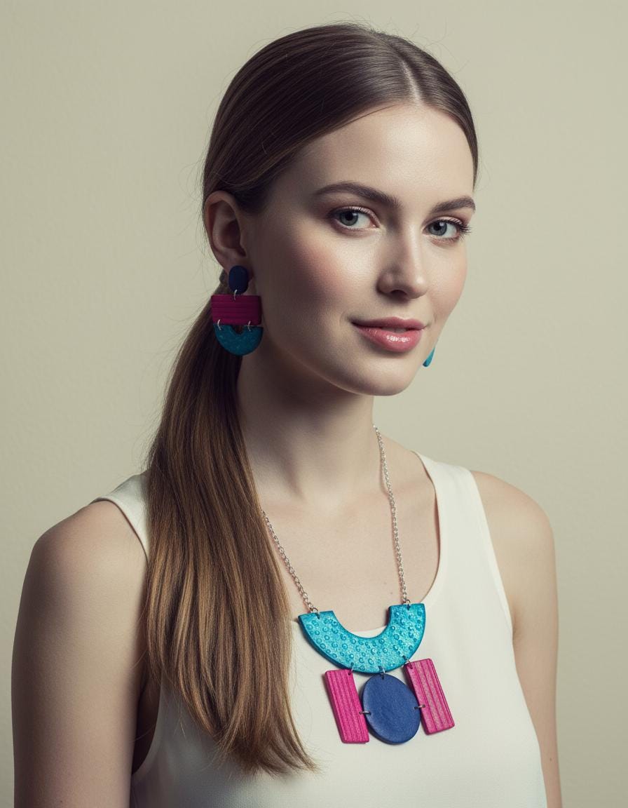 Wide Statement Earrings in Turquoise, Denim Blue & Pink