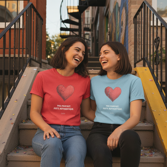 Pas parfait. Juste authentique. — T-shirt OseTee, deux amies escaliers Plateau-Mont-Royal, Red + Baby Blue