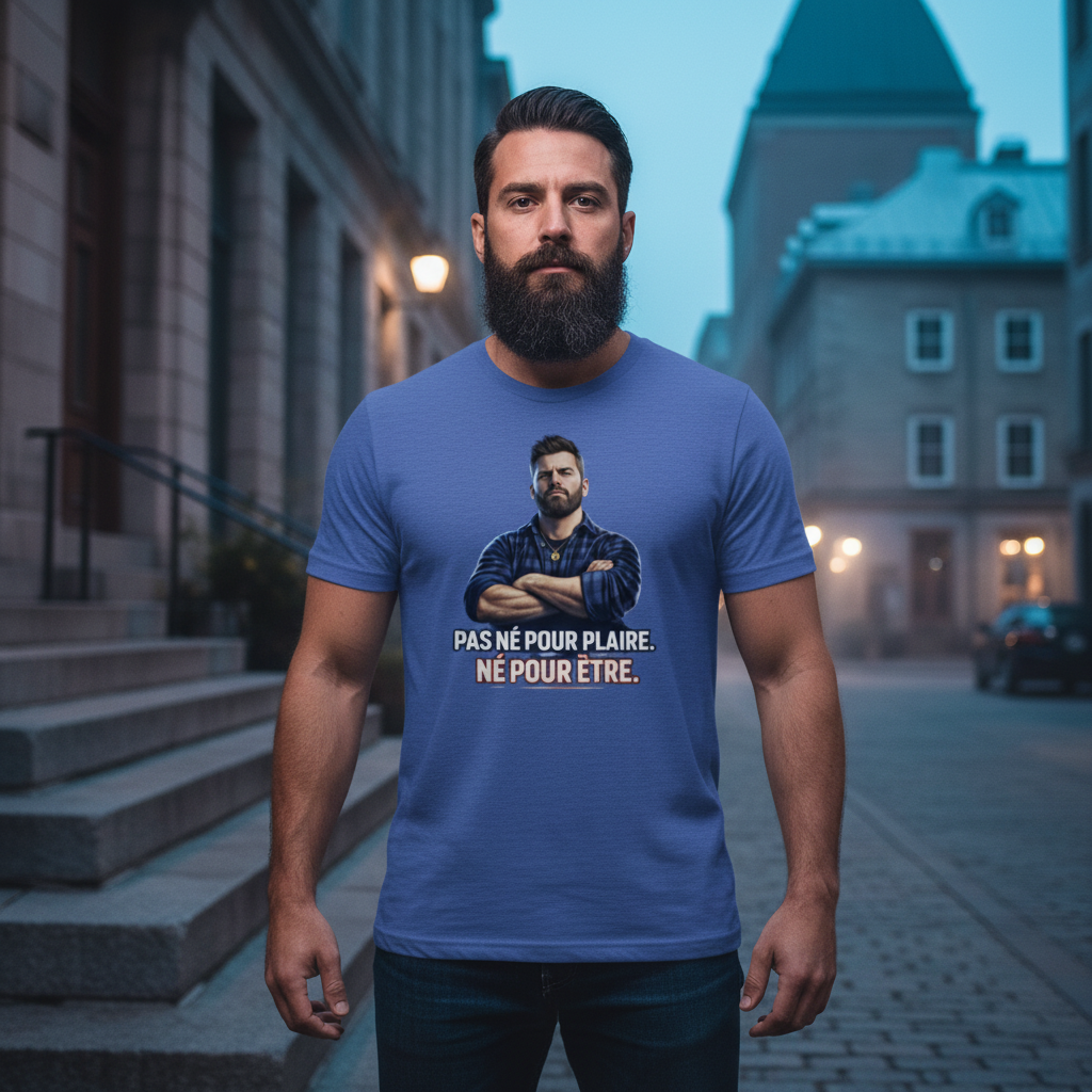 Pas né pour plaire. Né pour être. — T-shirt OseTee, homme barbu confiant escaliers Vieux-Montréal, Heather True Royal