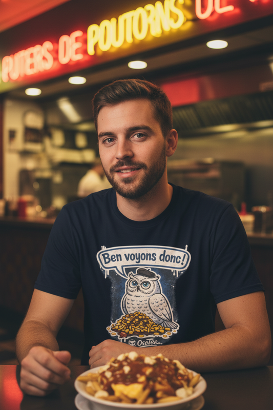 Zoom sur le design OseTee Ben voyons donc, harfang avec béret assis sur poutine, poutinerie québécoise