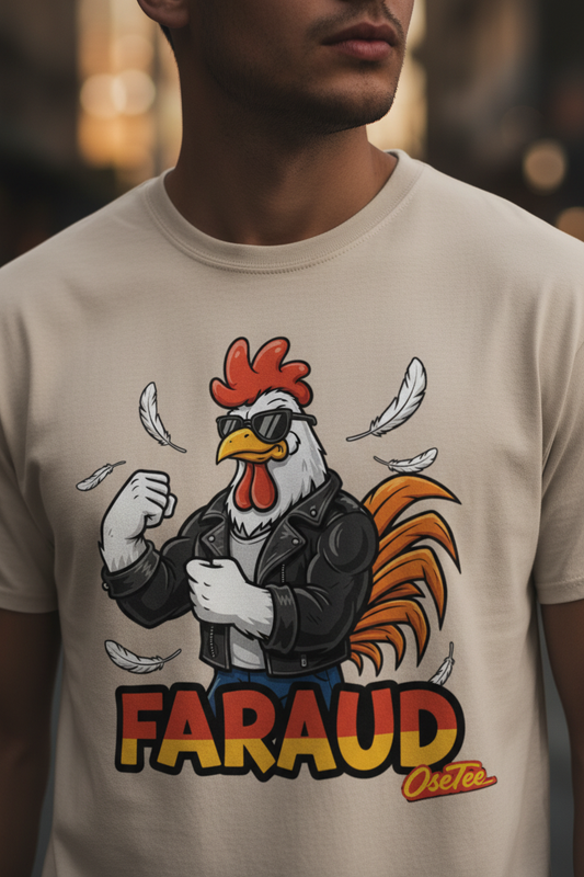 Zoom sur le design OseTee Faraud, coq badass en veste de cuir avec lunettes de soleil, texte orange-rouge sur t-shirt beige