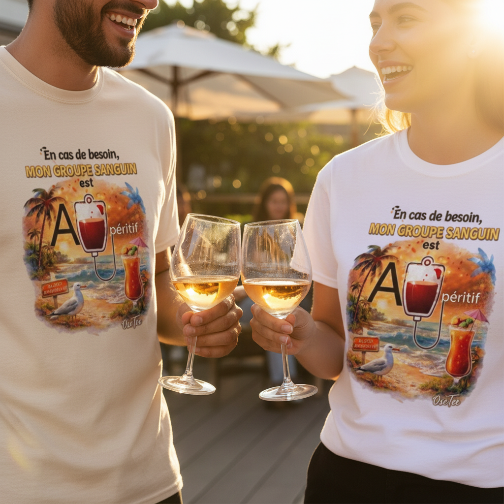 Deux amies portant le t-shirt Mon Groupe Sanguin est A-péritif OseTee en trinquant au vin