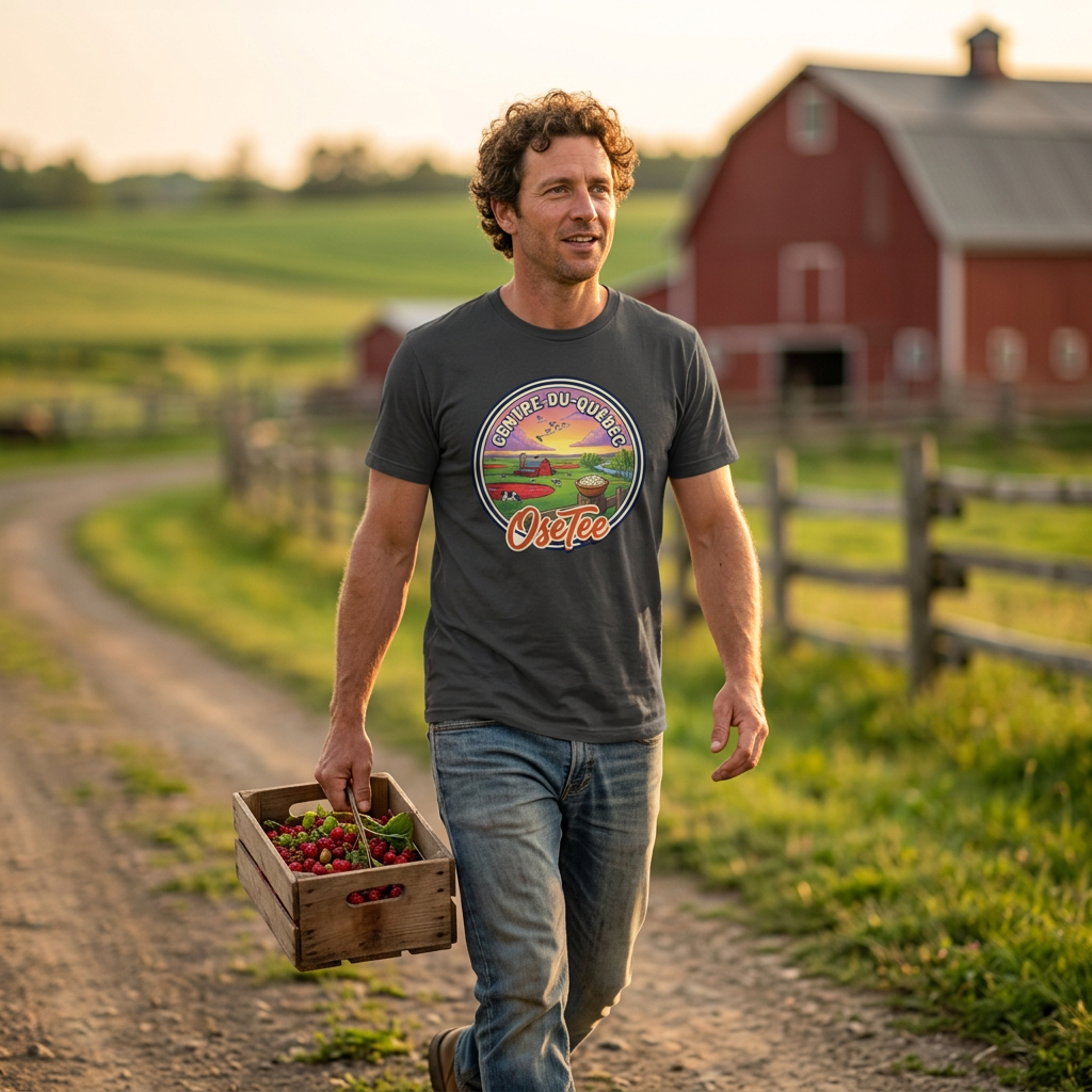 T-shirt Centre-du-Québec OseTee porté en action dans un décor agricole.
