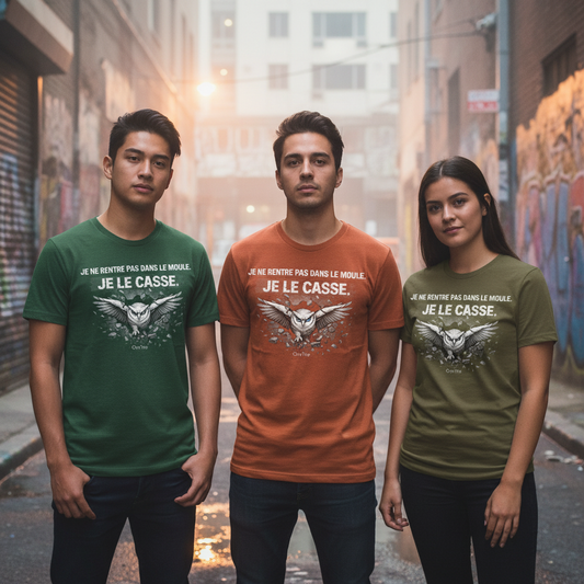 Je ne rentre pas dans le moule. Je le casse. — T-shirt OseTee, lifestyle ruelle urbaine Montréal, couleurs forest, burnt orange et olive