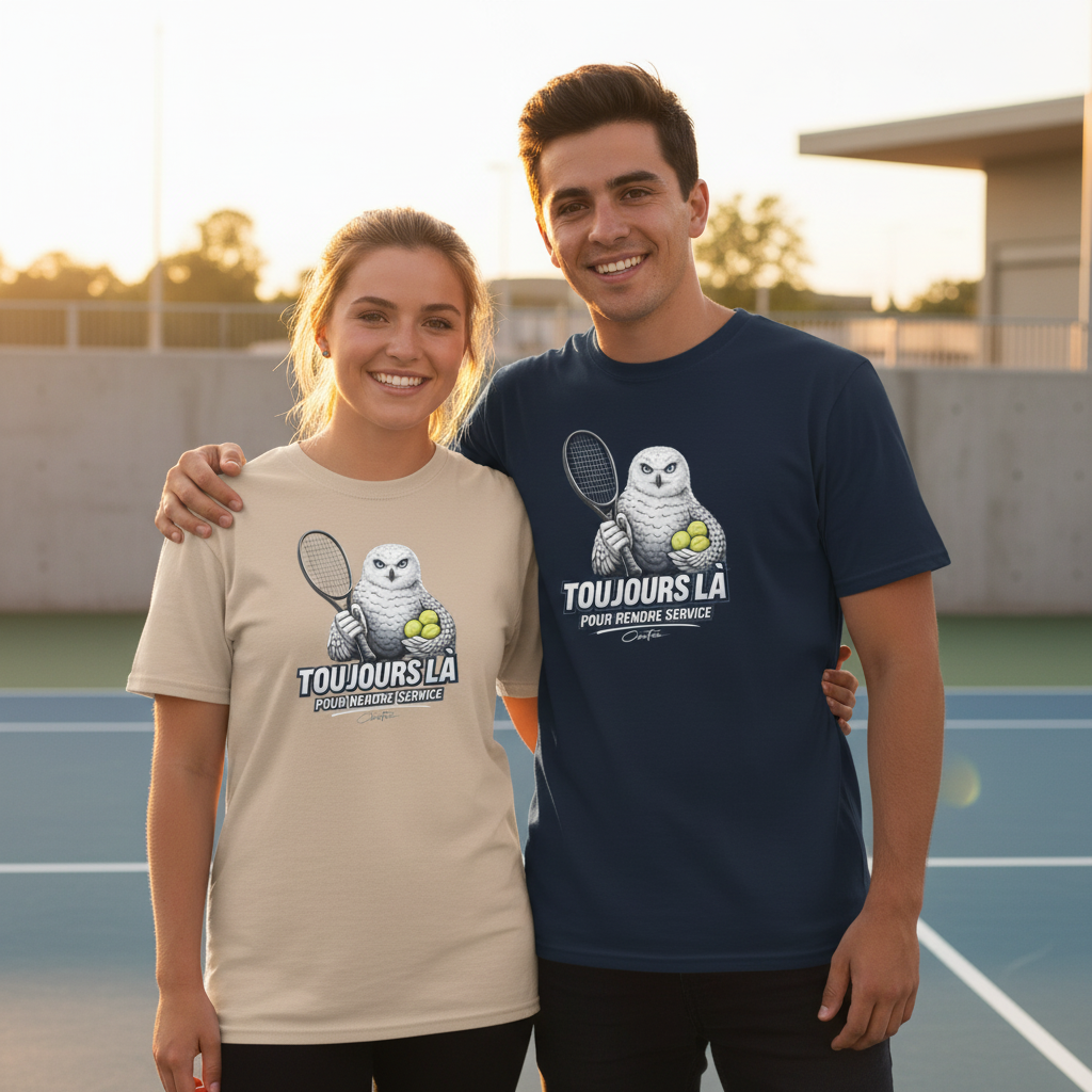 T-shirt Toujours là pour Rendre Service OseTee — couple lifestyle court de tennis