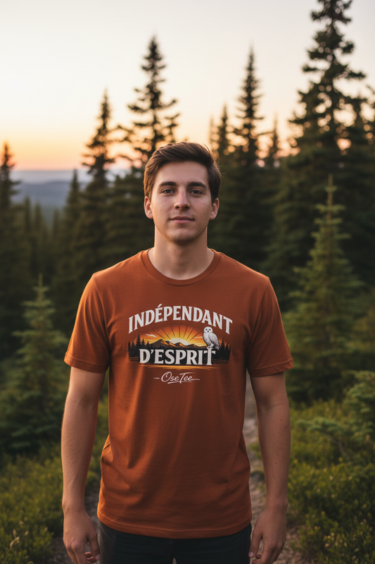 Indépendant d'esprit — T-shirt OseTee, homme en burnt orange sur sentier de montagne québécois, golden hour