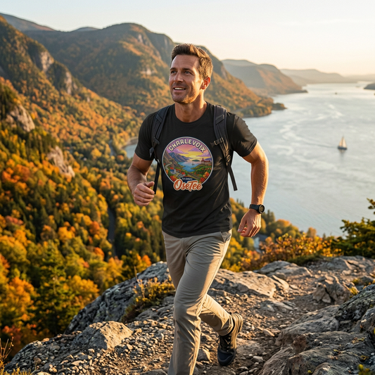 T-shirt noir Charlevoix OseTee porté en randonnée dans un paysage automnal de montagnes et de fleuve.