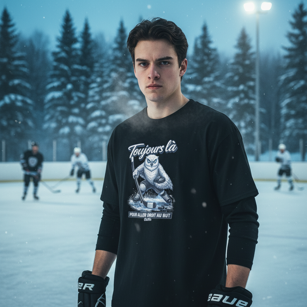 T-shirt Toujours là pour Aller Droit au But OseTee — lifestyle patinoire extérieure québécoise