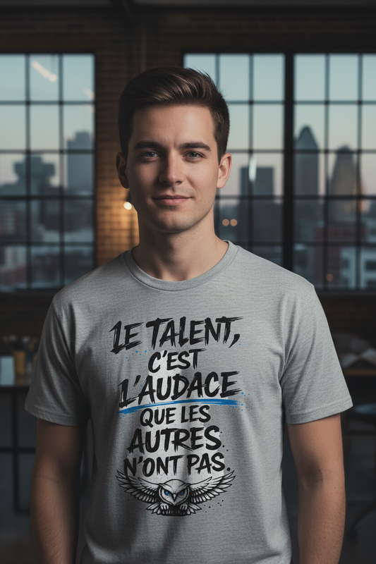 Zoom sur le design OseTee Le talent c'est l'audace, harfang en envol, studio créatif Montréal