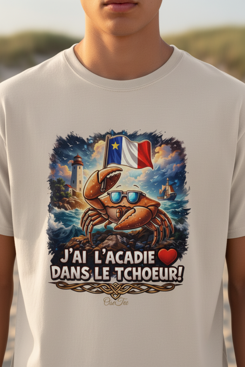 T-shirt J'ai l'Acadie dans le Tchoeur OseTee porté en mode lifestyle côtier