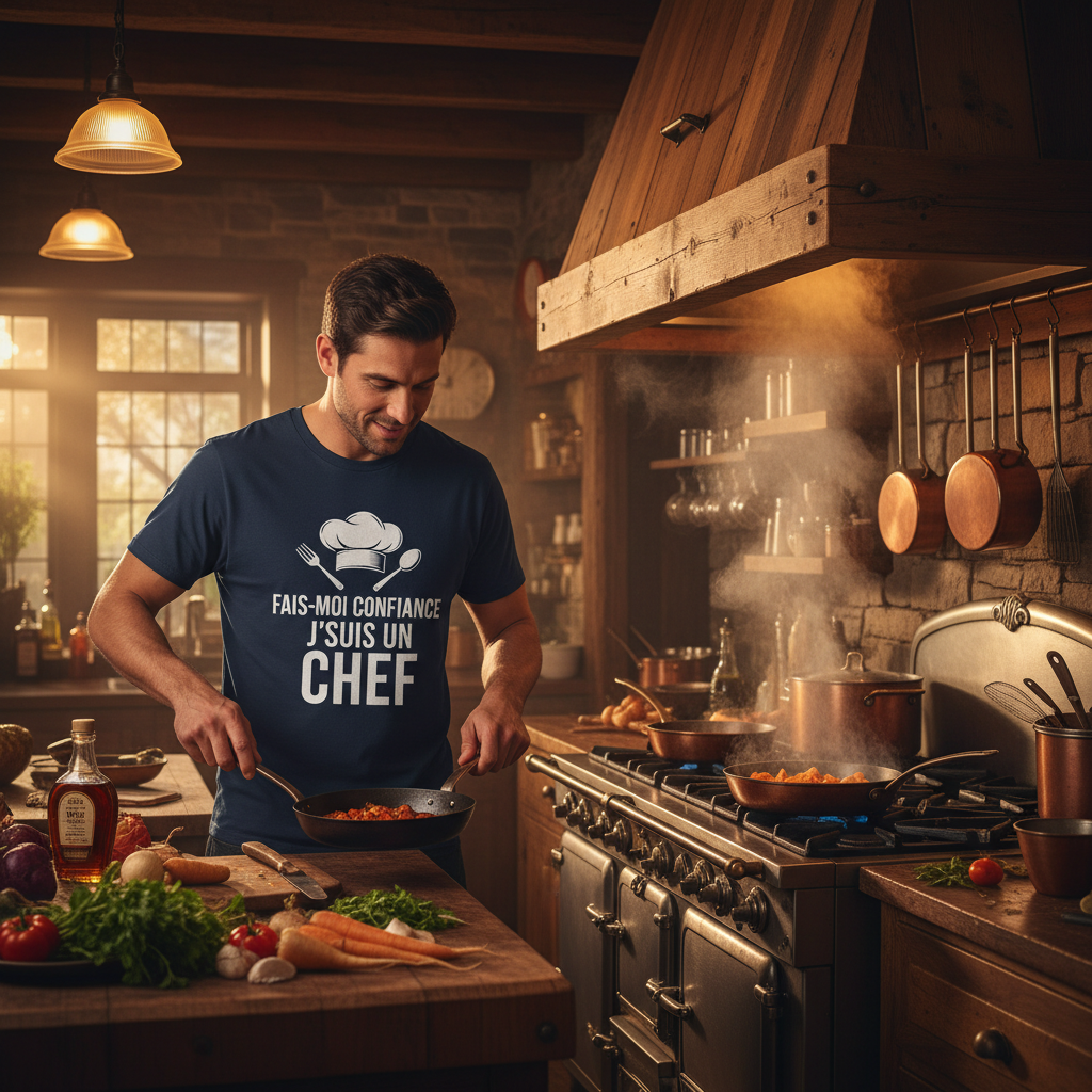 T-shirt Chef cuisinier OseTee en action dans une cuisine rustique canadienne