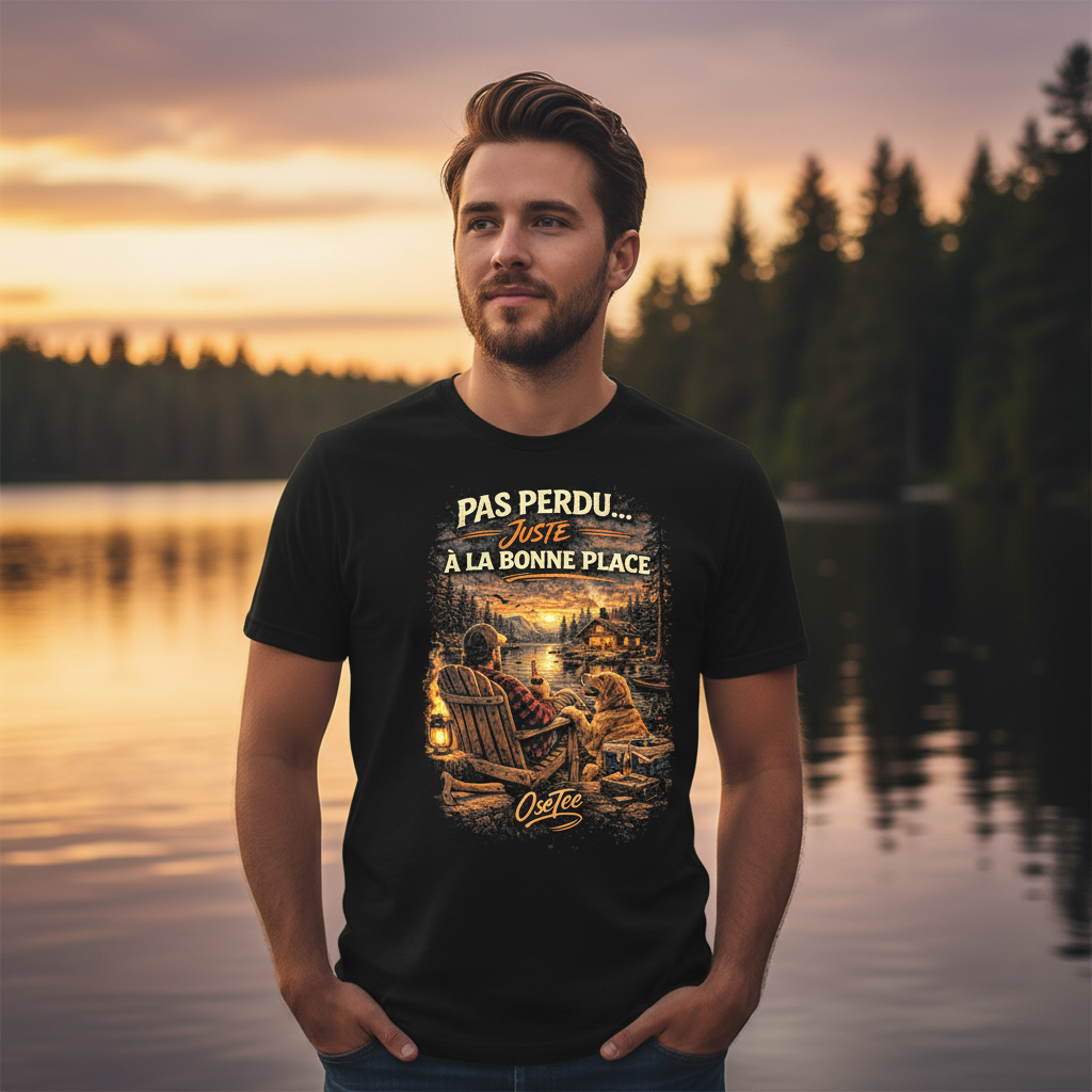 T-shirt OseTee — Pas perdu juste à la bonne place — lifestyle chalet lac québécois