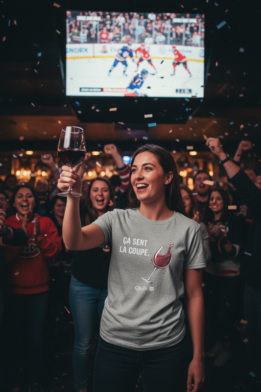 Femme portant le t-shirt OseTee Ça sent la coupe sport gris dans un bar de hockey à Montréal