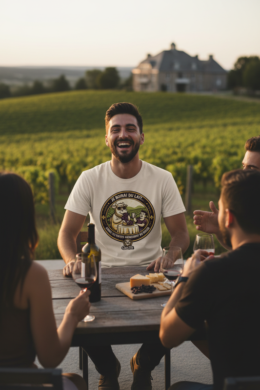 Homme portant le t-shirt OseTee Je boirai du lait quand les vaches mangeront du raisin, terrasse vignoble québécois