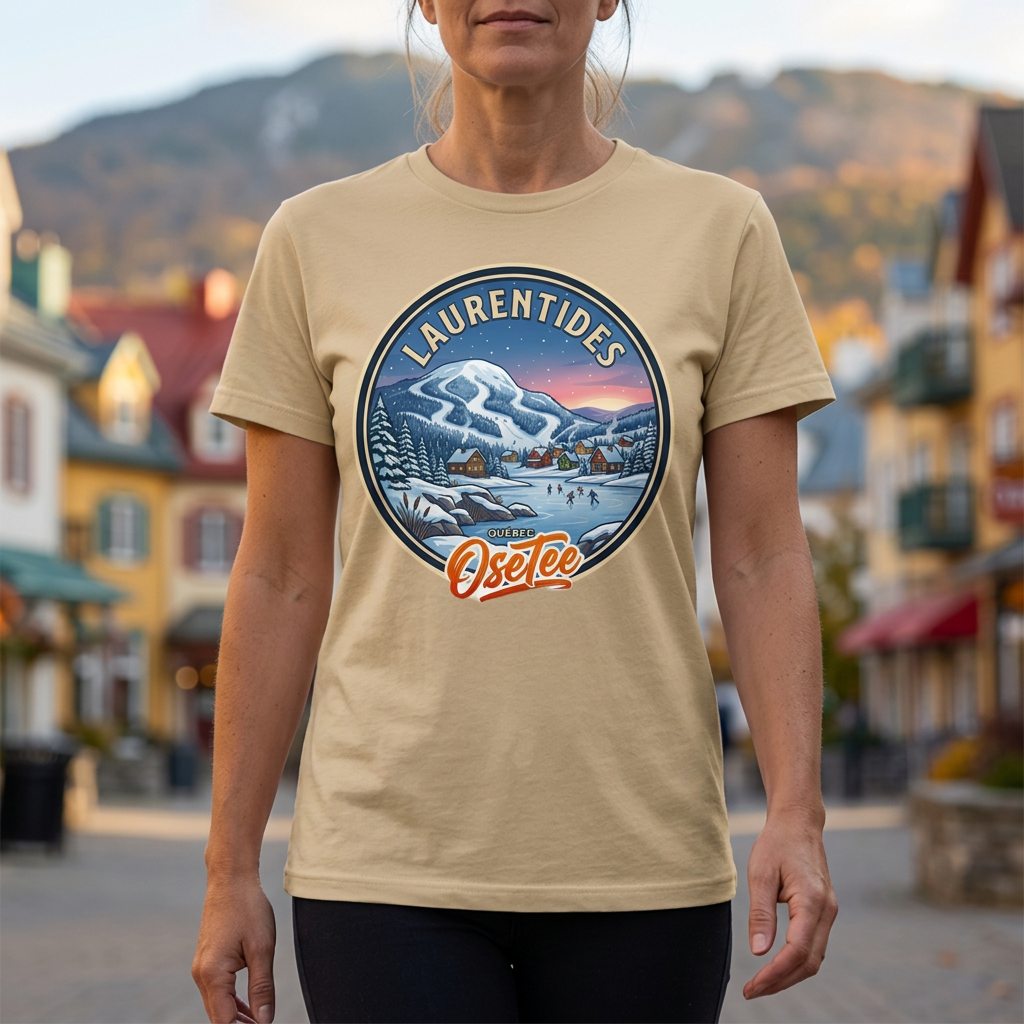 T-shirt beige Laurentides OseTee porté en balade au village de Mont-Tremblant, cadrage rapproché sur le motif.