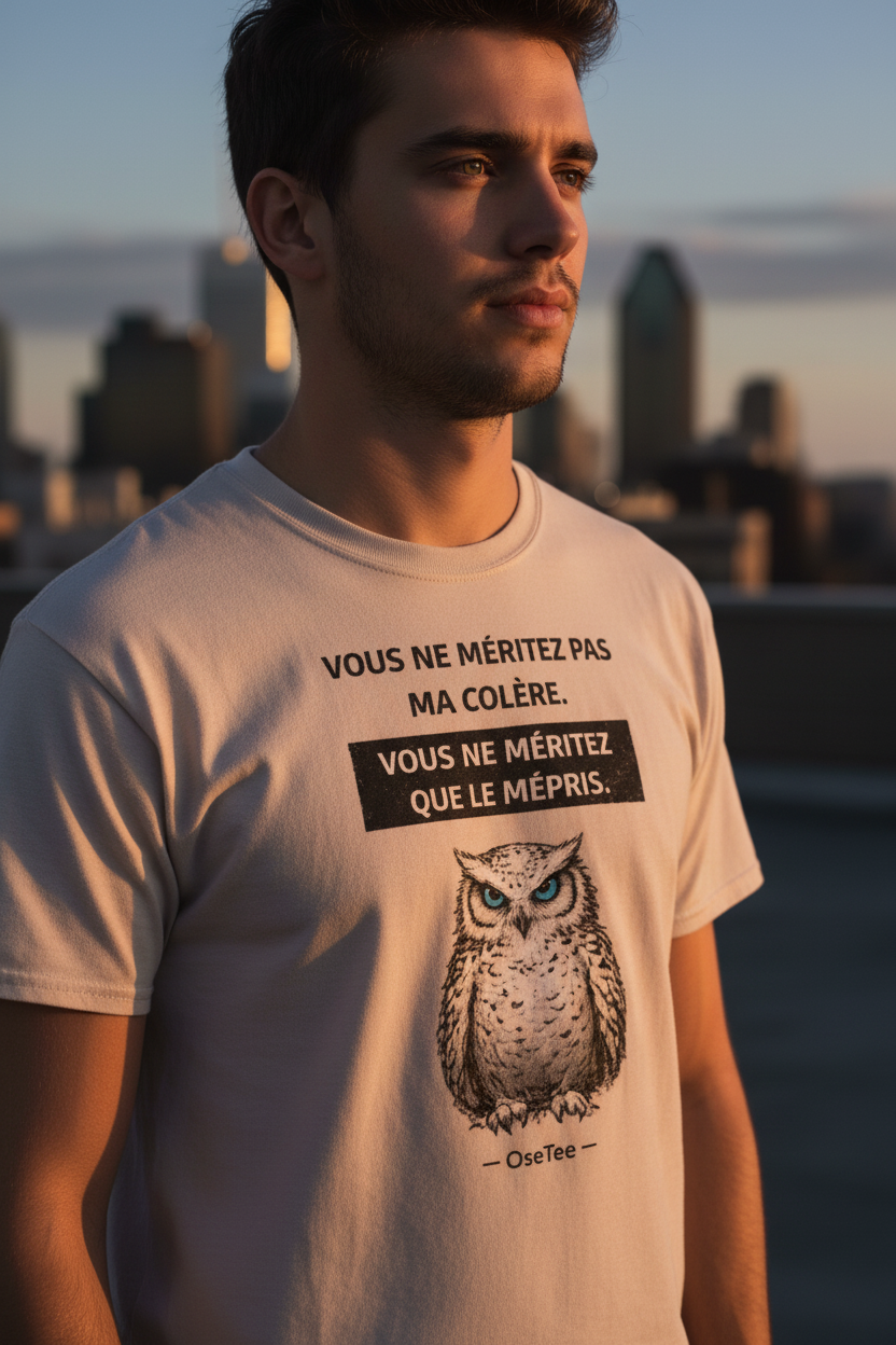 Zoom sur le design OseTee Vous ne méritez que le mépris, harfang aux yeux bleus glacials, t-shirt beige naturel