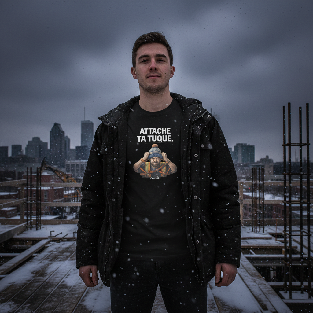 T-shirt Attache ta tuque OseTee — ambiance lifestyle hivernale québécoise