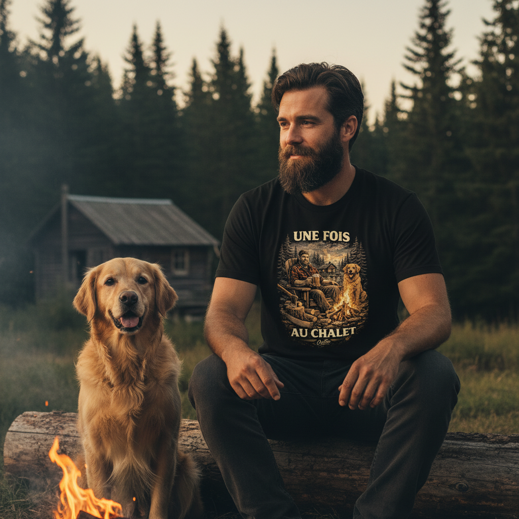 T-shirt OseTee — Une fois au chalet — lifestyle feu de camp forêt québécoise
