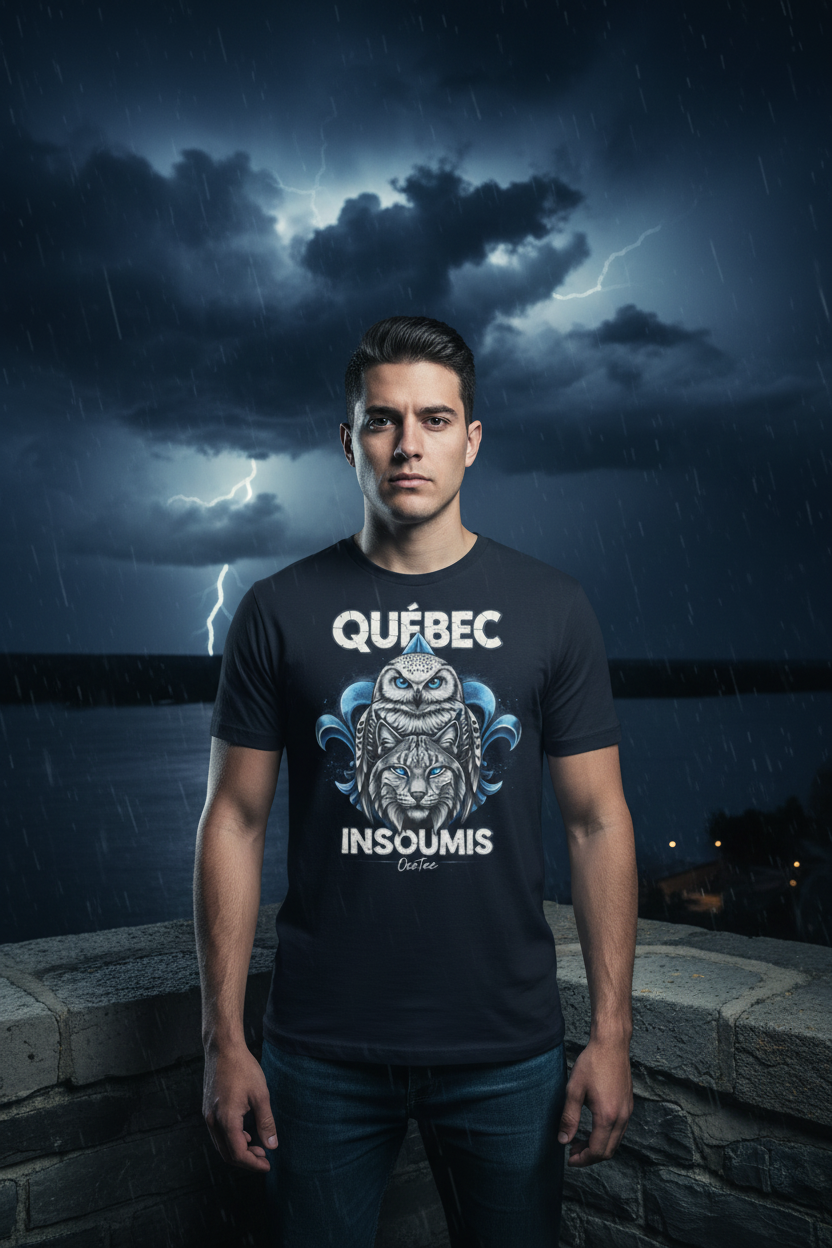 Homme portant le t-shirt OseTee Québec Insoumis sur les remparts de Québec la nuit, fleuve Saint-Laurent, ciel dramatique