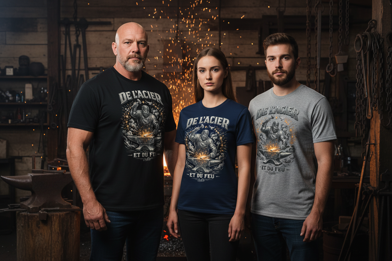 T-shirt De l'Acier et du Feu OseTee — lifestyle 3 couleurs atelier forge québécois
