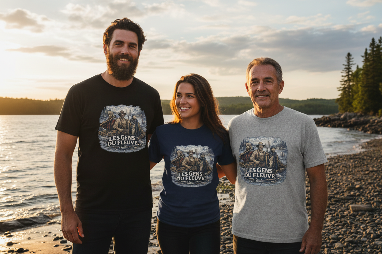 T-shirt Les Gens du Fleuve OseTee — trois couleurs sur les berges du Saint-Laurent