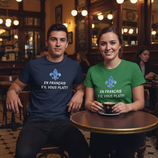 En français s'il vous plaît! — T-shirt OseTee, lifestyle café montréalais, navy et kelly green