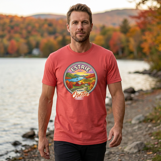 T-shirt rouge Estrie OseTee porté en balade au bord du lac Memphrémagog, cadrage rapproché sur le motif.
