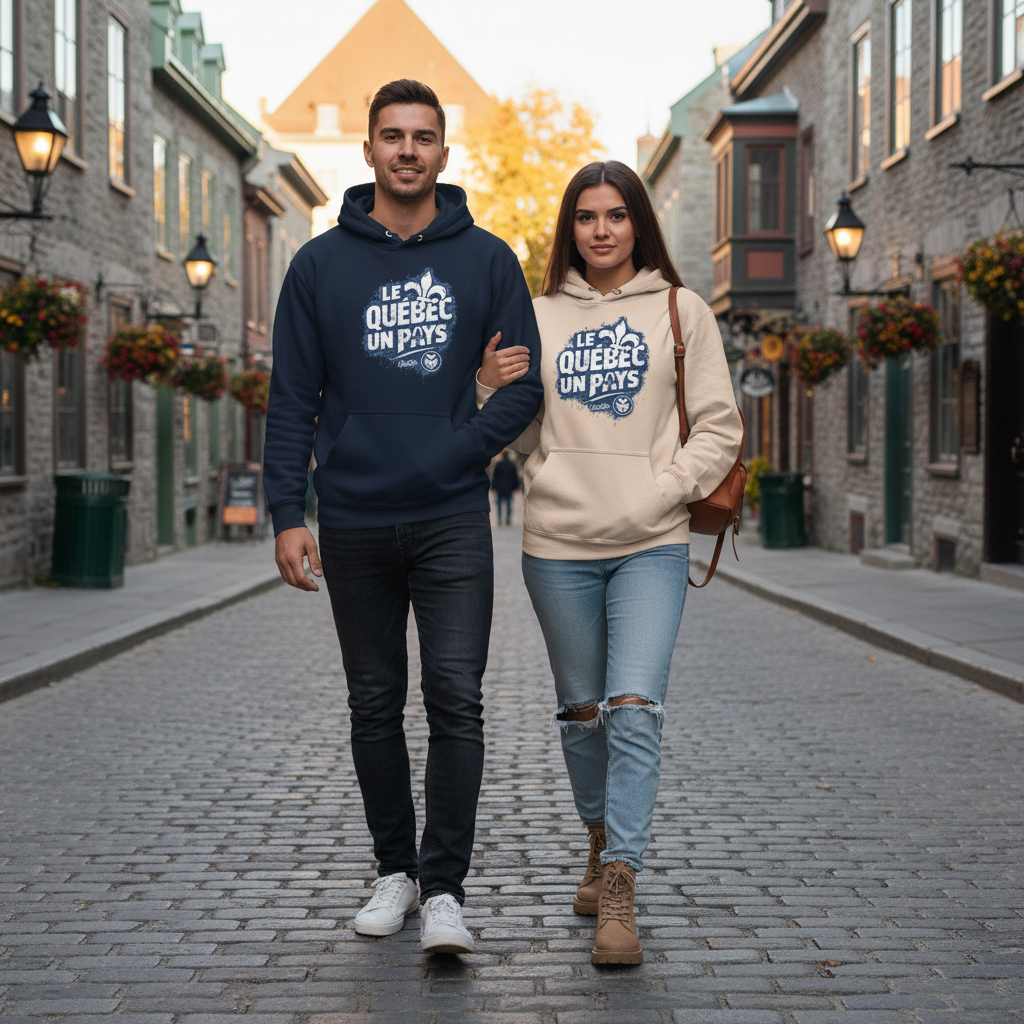 Couple stylé dans le Vieux-Québec portant les hoodies OseTee navy et sandshell avec le design Le Québec un pays