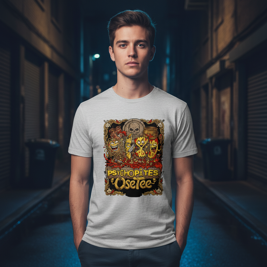 T-shirt Psychopâtes OseTee porté dans une ambiance horror-comédie avec le vrai design