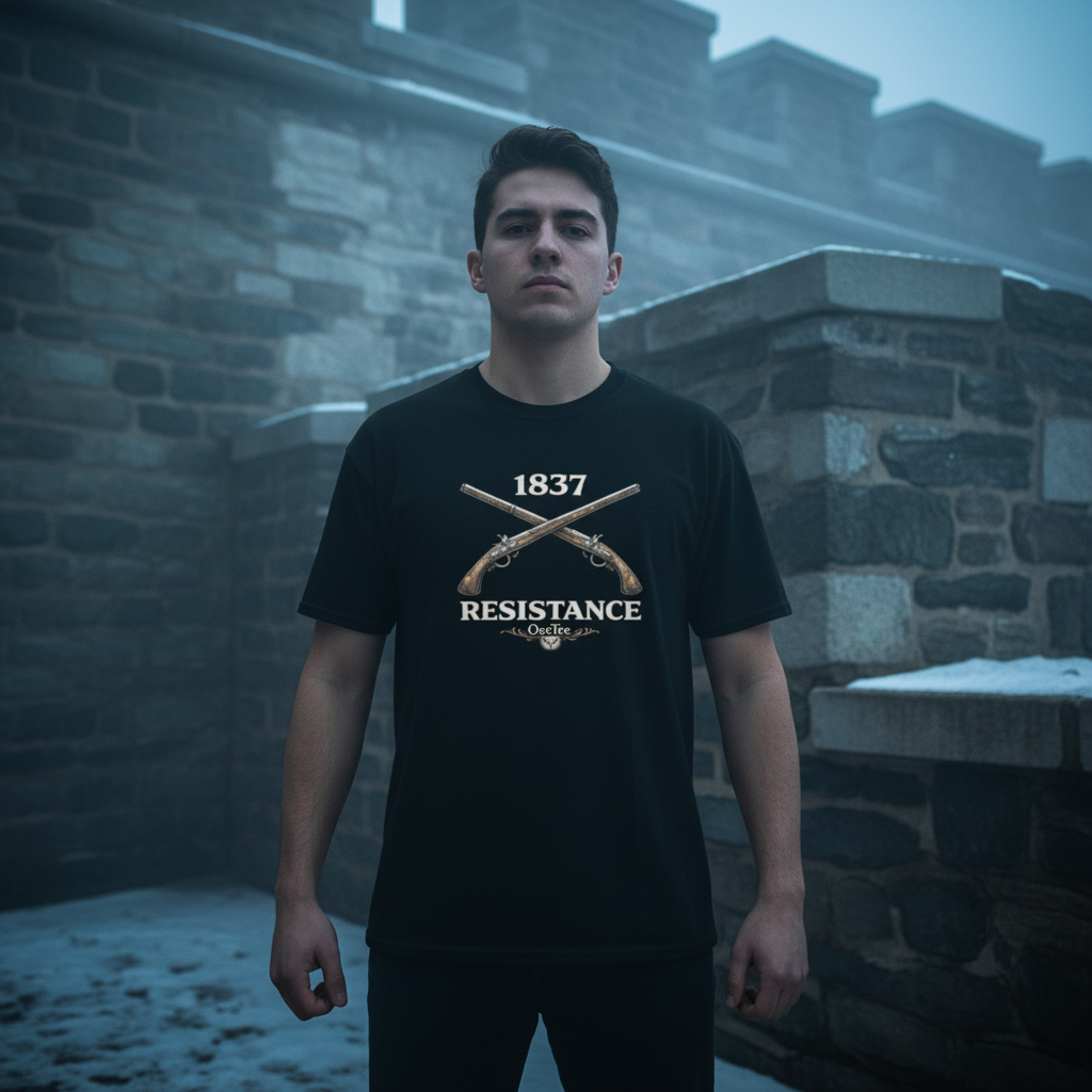 T-shirt 1837 Resistance OseTee — ambiance lifestyle historique Vieux-Québec