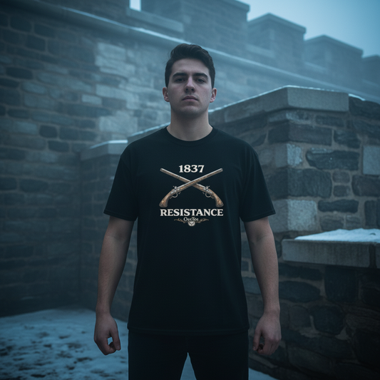T-shirt 1837 Resistance OseTee — ambiance lifestyle historique Vieux-Québec