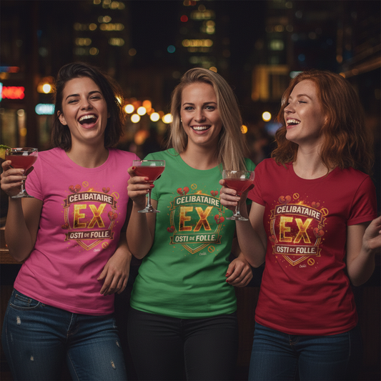 Célibataire EX Osti de folle — T-shirt OseTee, trio de filles distinctes, pink + kelly + red, bar Montréal de nuit