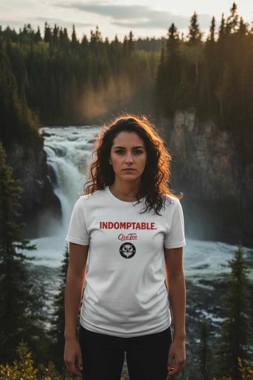 Femme portant le t-shirt OseTee Indomptable dans un paysage sauvage québécois, forêt boréale et chute d'eau