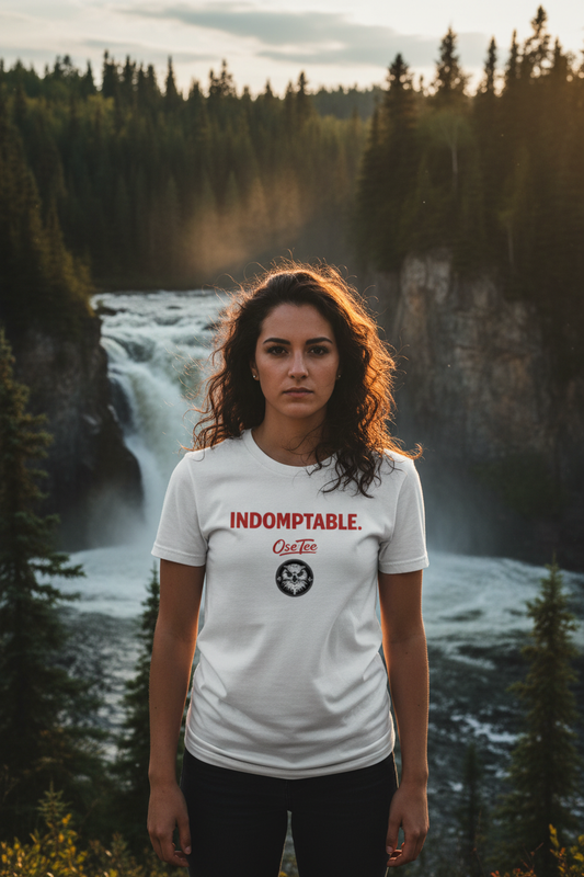 Femme portant le t-shirt OseTee Indomptable dans un paysage sauvage québécois, forêt boréale et chute d'eau