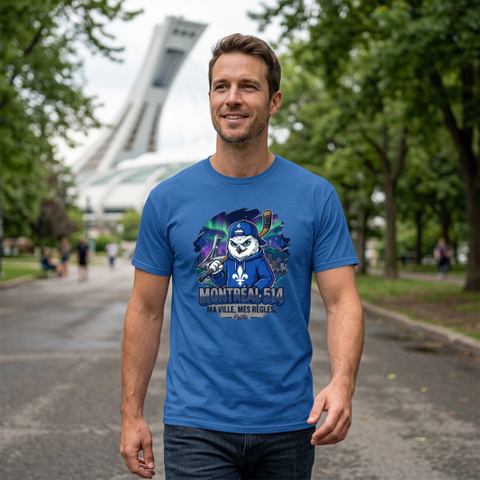 T-shirt bleu Montréal 514 OseTee porté près du Stade olympique, cadrage rapproché sur le motif.