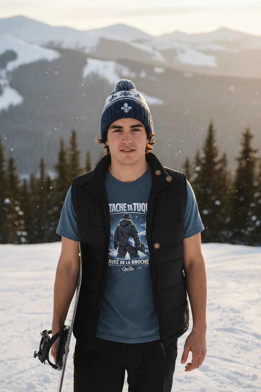 Attache ta tuque avec de la broche — T-shirt OseTee, homme avec tuque et vest ouverte, t-shirt bleu, montagne enneigée