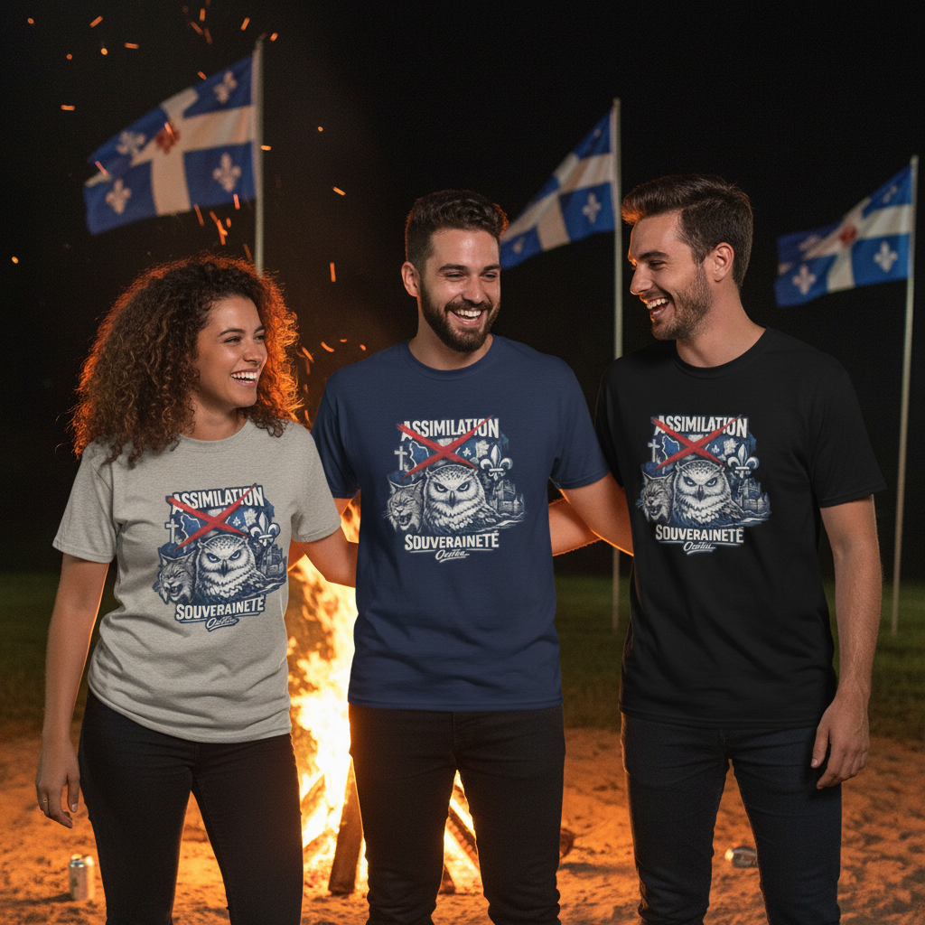 Trois jeunes québécois célébrant la Saint-Jean portant les t-shirts OseTee en gris sport, bleu marine et noir