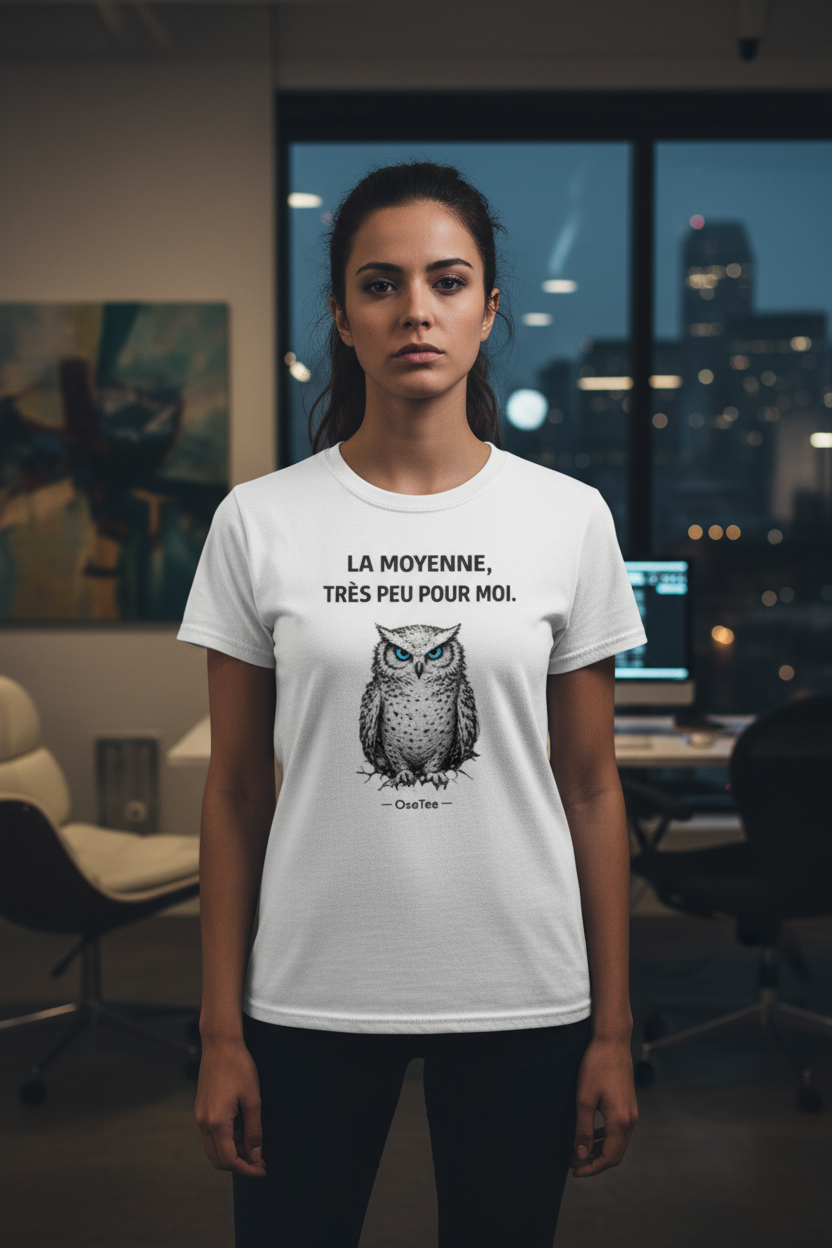 Femme portant le t-shirt OseTee La moyenne très peu pour moi, bureau créatif Montréal, attitude haute-performance