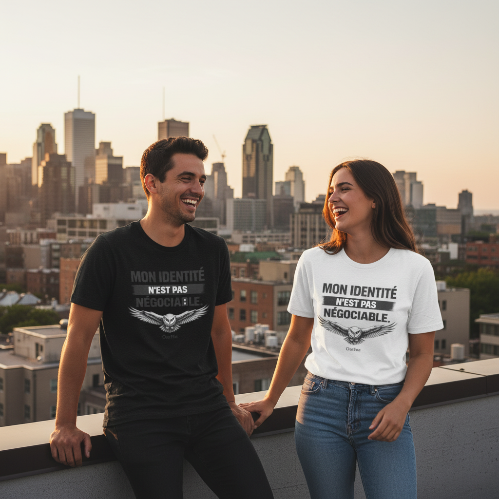 Mon identité n'est pas négociable. — T-shirt OseTee, lifestyle rooftop Montréal