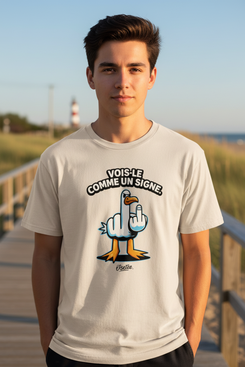 T-shirt Vois-le comme un signe OseTee mouette humoristique porté en mode lifestyle