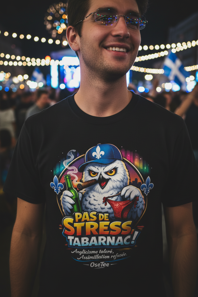 Zoom sur le design OseTee Pas de stress Tabarnac, harfang avec casquette fleur de lys, bière et cigare, fête Saint-Jean-Baptiste