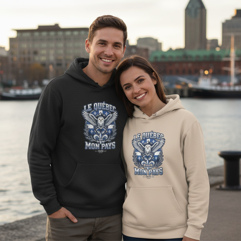 Couple début 30s au Vieux-Port de Montréal portant les hoodies OseTee charcoal et sandshell avec le blason Le Québec mon pays bien visible