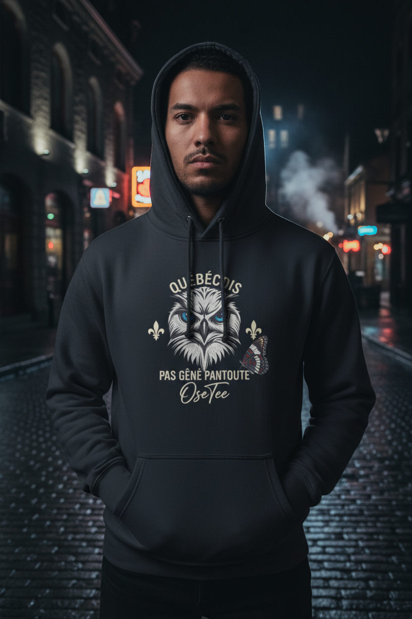 Hoodie Québécois Pas Gêné Pantoute OseTee porté en mode lifestyle urbain
