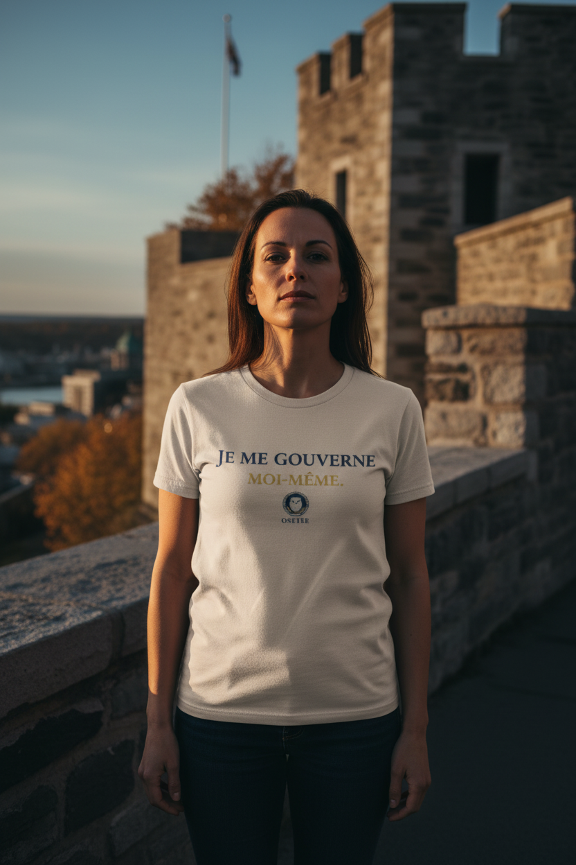Femme portant le t-shirt OseTee Je me gouverne moi-même sur les Plaines d'Abraham, automne, souveraineté personnelle