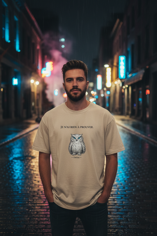 Homme portant le t-shirt OseTee Je n'ai rien à prouver en beige naturel, rue Montréal la nuit, néons, style cinématique