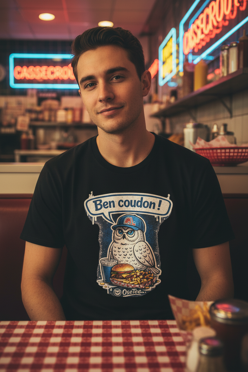 Zoom sur le design OseTee Ben coudon, harfang avec casquette des Nordiques devant burger-frites, casse-croûte québécois