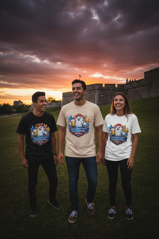 Trio d'amis portant le t-shirt OseTee Indépendant d'esprit en noir, beige et blanc sur les Plaines d'Abraham