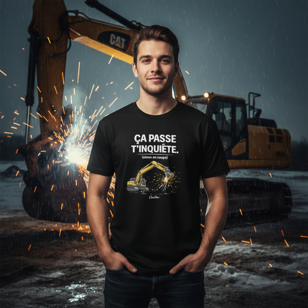 T-shirt Ça passe t'inquiète OseTee — ambiance lifestyle chantier excavatrice québécois
