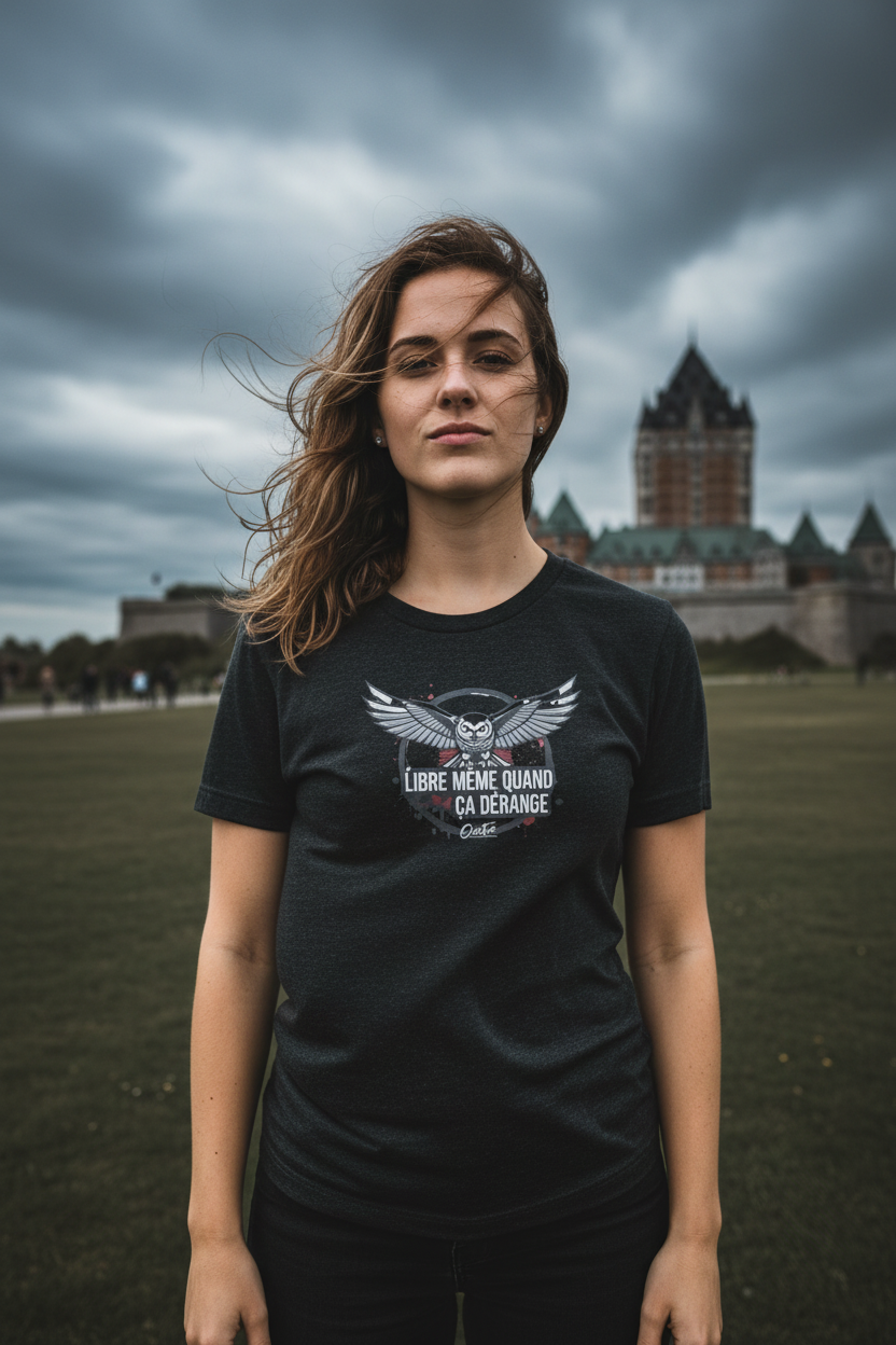 Femme portant le t-shirt OseTee Libre même quand ça dérange sur les Plaines d'Abraham