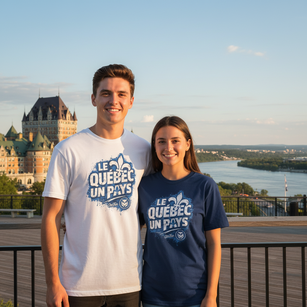 Jeune homme en t-shirt blanc et jeune femme en t-shirt bleu marine OseTee sur la Terrasse Dufferin avec le Château Frontenac en arrière-plan